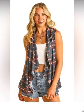 Country Western Navy Aztec Open Cardigan Vest 2x